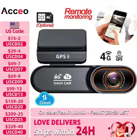 ACCEO 4G LTE Dashcam GPS Remote Connection Live-View Night Vision Car Camera 24H Parking Collision W