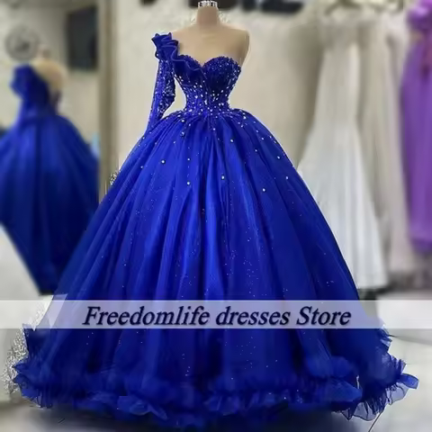 Royal Blue Evening Dresses One Shoulder Beading Arabic Dubai Wedding Party Dress Ruffles Tulle Prom 