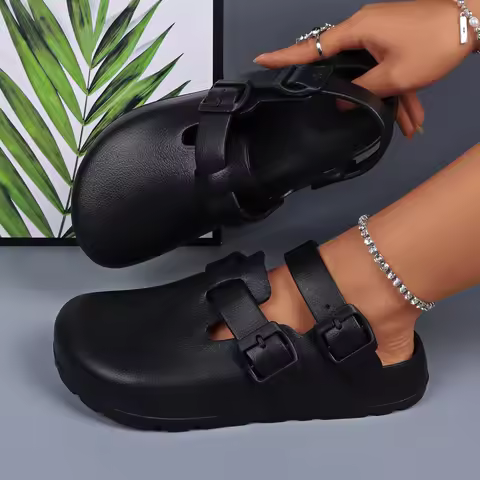 Women Designer Shoes Platform Heels Adjustable Buckle Waterproof Lightweight Chef Shoes Black Mule C