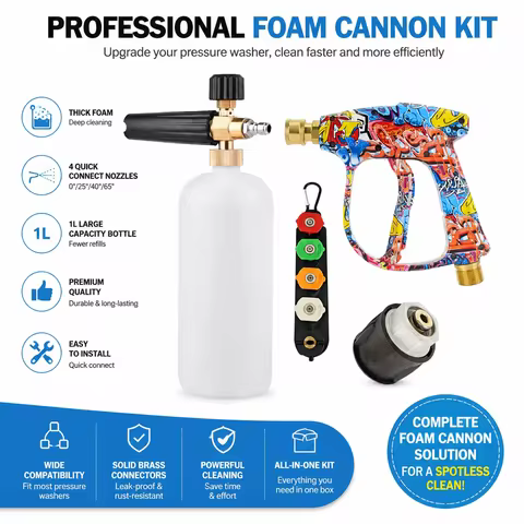 2150PSI Graffiti Pressure Washer Gun Kit, 1L Foam Cannon & 1/4" Quick Connect Nozzle Set, Compatible