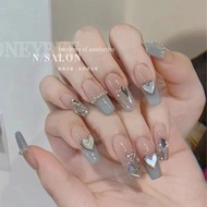 [HANDMADE]Artificial Nail Haze Blue French Heart Shape Phototpy Nails Reusable and Removable Nails