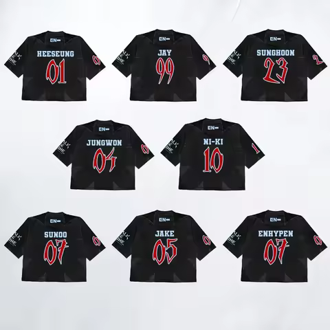 Y2K Black Cropped ENHYPEN Jersey Gothic Red Digit Member Name Hidden Star V Neck Crop Short Sleeve O