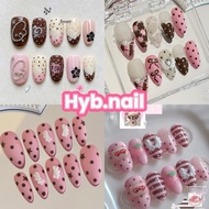 627 handmade nail box, y2k nails, y2k designed pink nails, pink nails mixed with brown polka dots