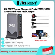 RICHMENT UK 200W Super Charger 6-Ports 220W/500W GAN3 Multi-Port Fast Charger|PD100W/65W/QC|Laptop/P