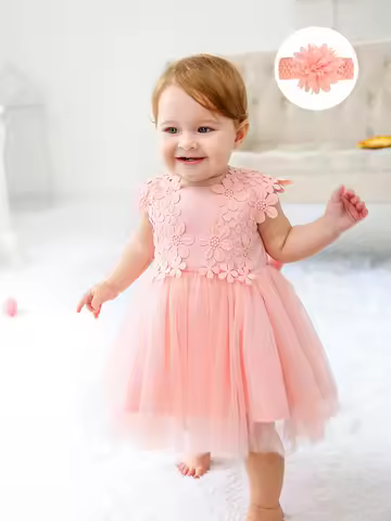 Baby Girl Pink Lace Dress Girl Dress 1-year-old Baby Birthday 1-year-old Children's Party Dress