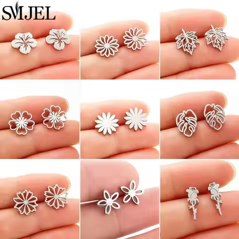 Small Stainless Steel Earings Fashion Jewelry Bohemian Rose Flower Stud Earrings Plant Maple Leaves 