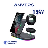 Anvers 3 in 1 Samsung Wireless Charger 15W Fast Charging Station for Galaxy Phone/Watch/Buds Pro