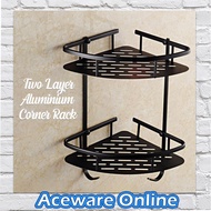 2 Tiers Aluminium Corner Rack Two Layer Kitchen Bathroom Shower Shelf with 2 Hooks - Black