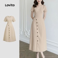 trendy3-Lovito Casual Dress Button Structure Line Asymmetrical Spring/summer Khaki Dress for Women L