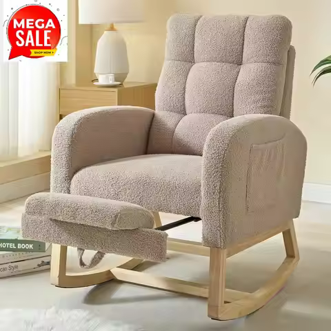 Modern Nursery Rocking Chair, Teddy Upholstered Rocking Chair with Footrest, Comfortable Rocker Chai