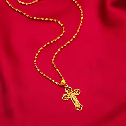 Ins Vintage Gold Cross Necklace! 24K Gold AU999 Women's, Hollow Cross Carving + Matte Antique, Stack