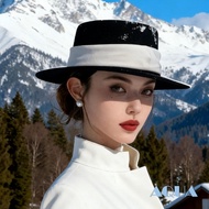 ANANA-Women Fedora Hat  Hepburn Style Wide Brim Flat Top Felt Church Jazz Hats with Ribbon Belt