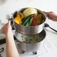 日本霜山 蒸煮兩用不鏽鋼雙耳單層蒸鍋+湯鍋-24cm