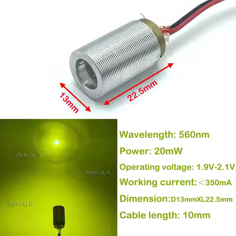 OpticsLD Yellow - Green 560nm 20mW Laser Diode Module Laser Head Dot Spot 1.9V-2.1V @350mA