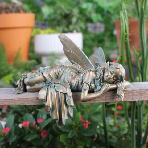 Antique Bronze Patina Sleeping Fairy Statue, Resin Lying Flower Fairy Sculpture, Vintage Angel Fairy