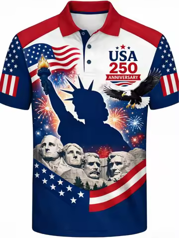 Men's USA 250 Years Strong Bald Eagle Polo Shirt 3D Print Patriotic USA Flag Short Sleeve Casual Bre