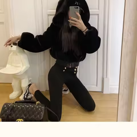 Y2k Women Soft Faux Fur Jacket Autumn Winter Cropped Jacket Black Long-sleeve Streetwear Zipper Jack