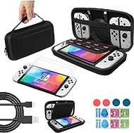 Vaparinckl Carry Case for Nintendo Switch OLED Model, Protective Switch Accessories Kit Bundle with Carry Case, 2 Glass Screen Protector, 1 Silicon Cover Case, 4 Thumbstick Cap &amp; 1 Link Cable