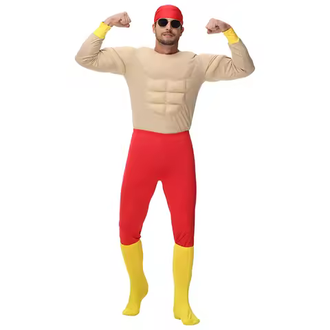 Adult Muscle Suit Halloween Dress Up 1980s Men Wrestler Wrestling Hulk Hogan Costume
