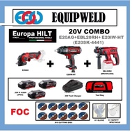 Europa Hilt 20V COMBO E20AG+E20IW-HT+EBL20RH+E20SK-4441 Cordless Rotary Hammer+Impact Wrench+Grinder