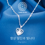 Yumin Silver PT950 Korean Style Double Heart Sparkling Double Heart Necklace for Women