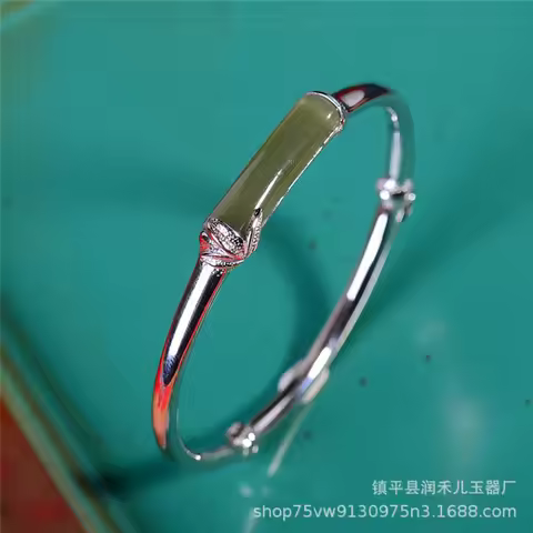 925 Silver Inlaid Hetian Green Section Bracelet Bangle Ring Jade Circle