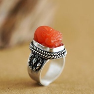 吞金獸貔貅磨砂南紅足銀鏨刻戒指