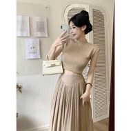 Summer New Half Turtleneck Lace-up Short Sleeve Sweater for Women+Cotton and Linen Wide-Leg Skort Suit Two-Piece Set