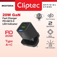 CLiPtec MCU720CA 20W GaN Fast Charger – PD + QC3.0 Dual Output | USB‑C & USB‑A Ports | SIRIM Approve