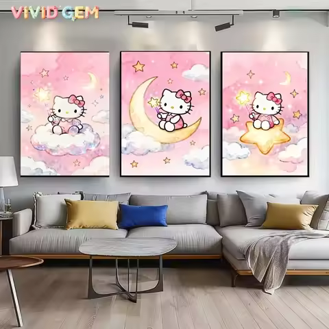 VIVID GEM Sanrio Cartoon Anime Moon Stars Hello Kitty Diamond Painting HelloKitty DIY Home Art Decor