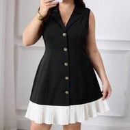 Plus Size Women's Elegant Black And White Summer Blazer Dress,Sleeveless Pleated Button Down Mini Dr