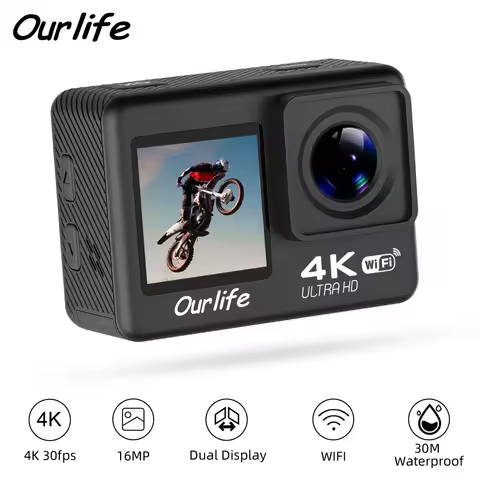 Ourlife Action Camera 4K 30FPS WiFi 30M Underwater Waterproof 170° DVR Sports Video Recording 2.0'' 