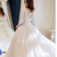 White long-sleeved wedding dress, brocade wedding gown, wedding tail, wedding gown