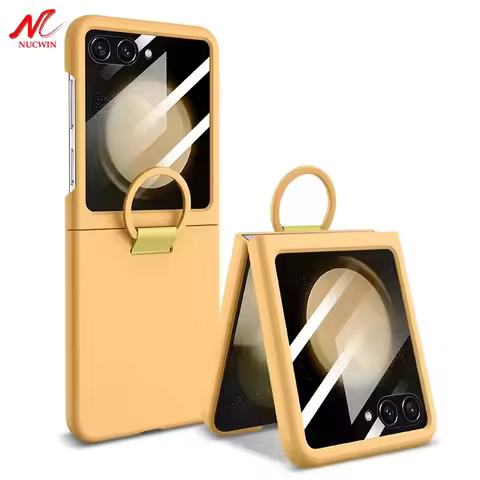For Samsung Z Flip 7 Ring Holder Case Tempered Glass Screen Protector Liquid PC Cover for Samsung Ga