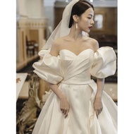 French wedding dress satin 2023 new high-end slimming temperament trailing simple Hepburn style retro forest princess dr