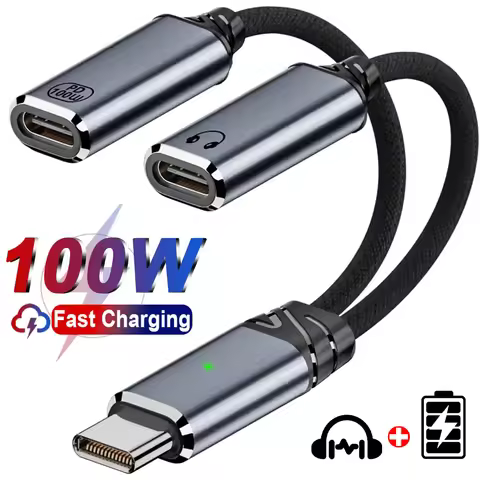 Type C To Dual USB C Male To Female Headphone Adapters PD100W Quick Charging Audio Cables 2-in-1 Mul