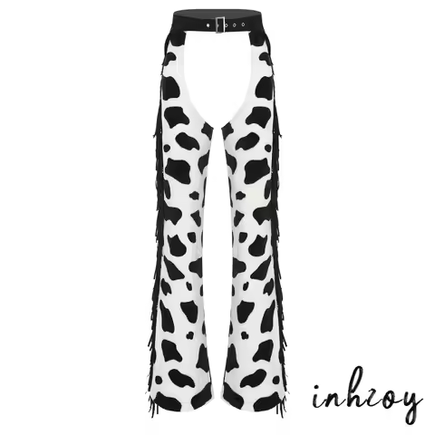 Womens Cow Spot Pattern Flannel Long Pants Adjustable Waist Open Crotch Biking Riding Cowgirl Chaps 