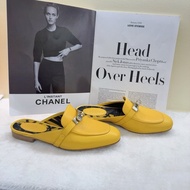 Hermes愛馬仕拖鞋 kelly檸檬黃銀扣穆勒半拖 36碼 無附件