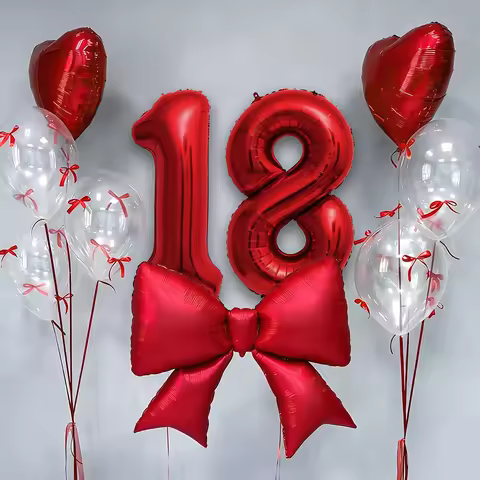 Birthday Decoration Set, Large Red Satin Ribbon Foil Balloons, 40inch Red Number Balloons 0-9, 10, 1