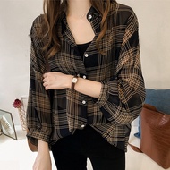 Korean style loose flimsy plaid blouse baju wanita long sleeve transparent casual women shirt tops