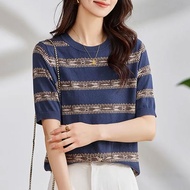 Clothing Fashion Short Knit Top Short-Sleeved T-Shirt Sweater Round Neck Age-Reducing Thin Striped P