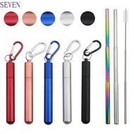 SEVEN Reusable Collapsible Straw, Portable Foldable Drinking Straw Set, Long with Case Stainless Steel with Cleaning Brush Metal Straw Travel