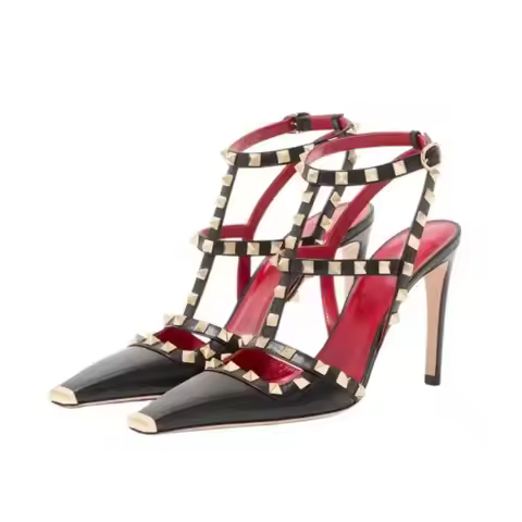 2026 New Women's Rockstud T-Strap Pumps Pointed Toe Thin Heel Luxury Rivet Sandals For Women