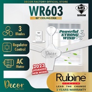 RUBINE Fan Rubine RCF WR603-2101 Rubine WR603 White 60" 3 Blades 5 Speeds AC Motor Regulator Ceiling Fan Kipas Siling