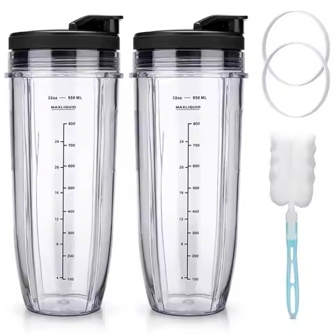 M02K-For Ninja Blender Cups Replacement Parts 32 Oz Cups Kit With Seal Lids BL450 BL480 BL486 BL487 