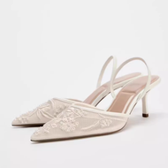ZARAˉ Dtm2024 Autumn And Winter New Womens Shoes White Embroidered Mesh High Heel Dew Heel Mueller S