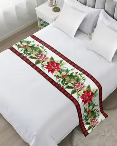Christmas Poinsettia Watercolor Lantern Ball Bed Runner Luxury Hotel Bed Tail Scarf Decorative Cloth
