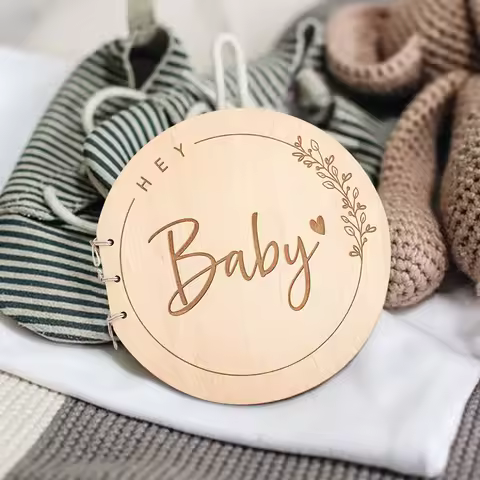 Wooden Circular Cover Message Book for Baby Baptism Record Book for Children with 20 White Cards Bir