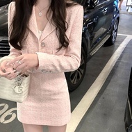 Celebrity Fashion Suit Women Korean Version Tweed Short Pink Blazer Women+High Waist Slim-fit Skirt