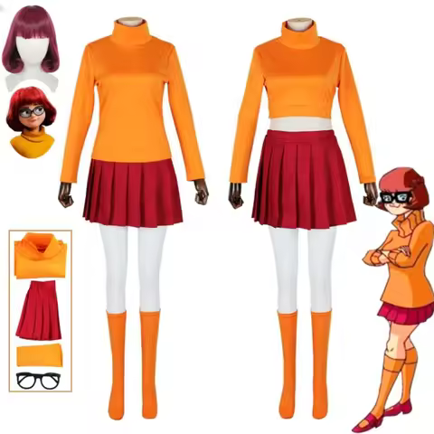 Anime Velma Seragam Cosplay Kostum Orange Short Skirt Uniform Wanita Oranye Kaus Kaki Rok Atas Hallo
